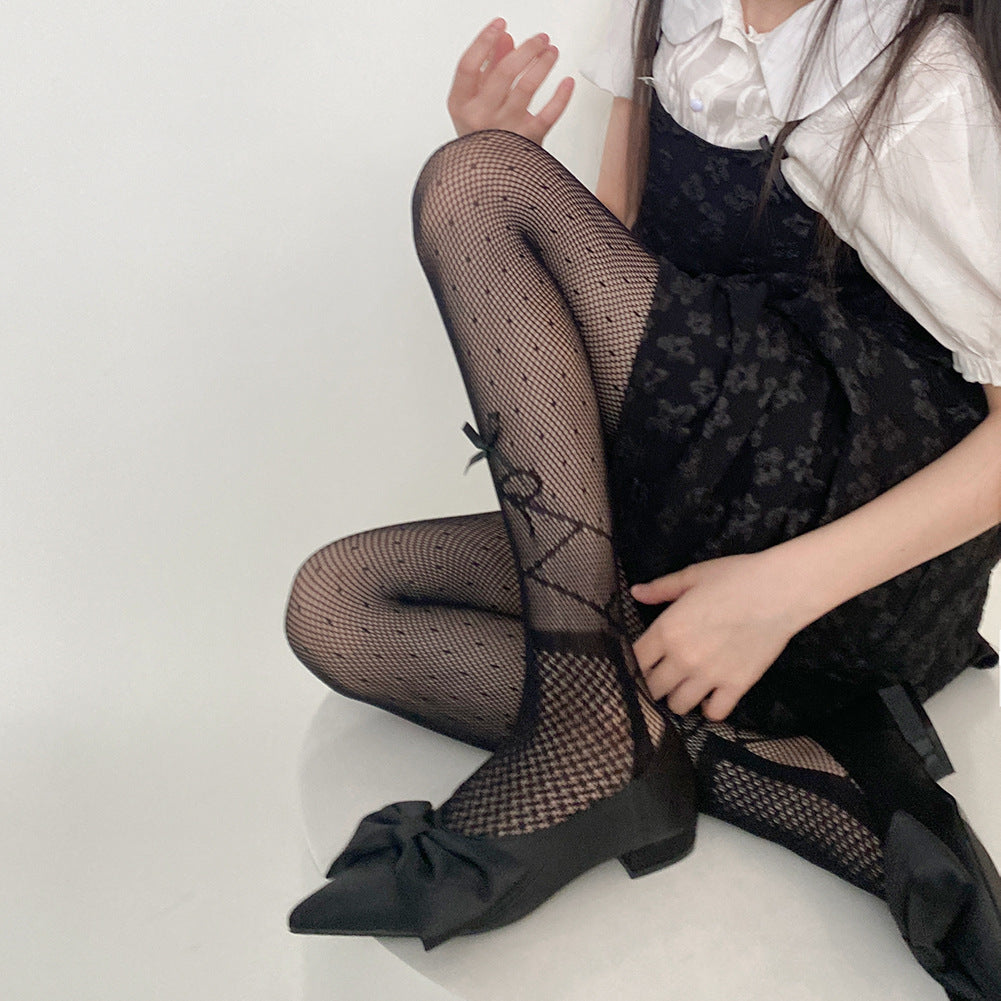 JAPANESE Y2K BALLET STYLE RIBBON BOW LACE MESH SOCKS PANTYHOSE
