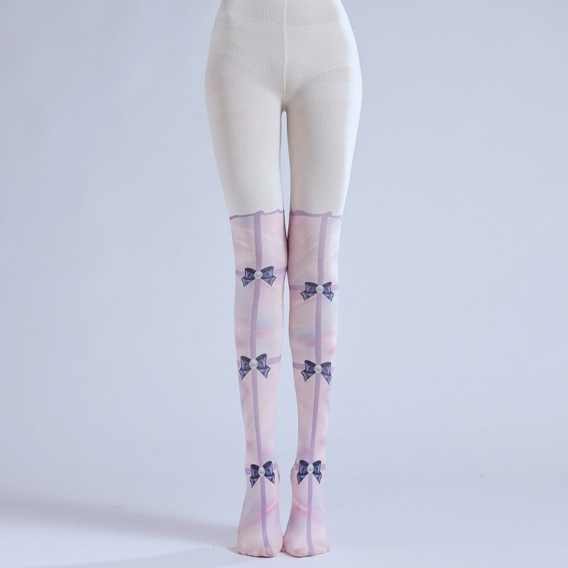 CUTE LOLITA FAKE TWO-PIECE PRINTED BOW FAKE TALL LEGGINGS PANTYHOSE