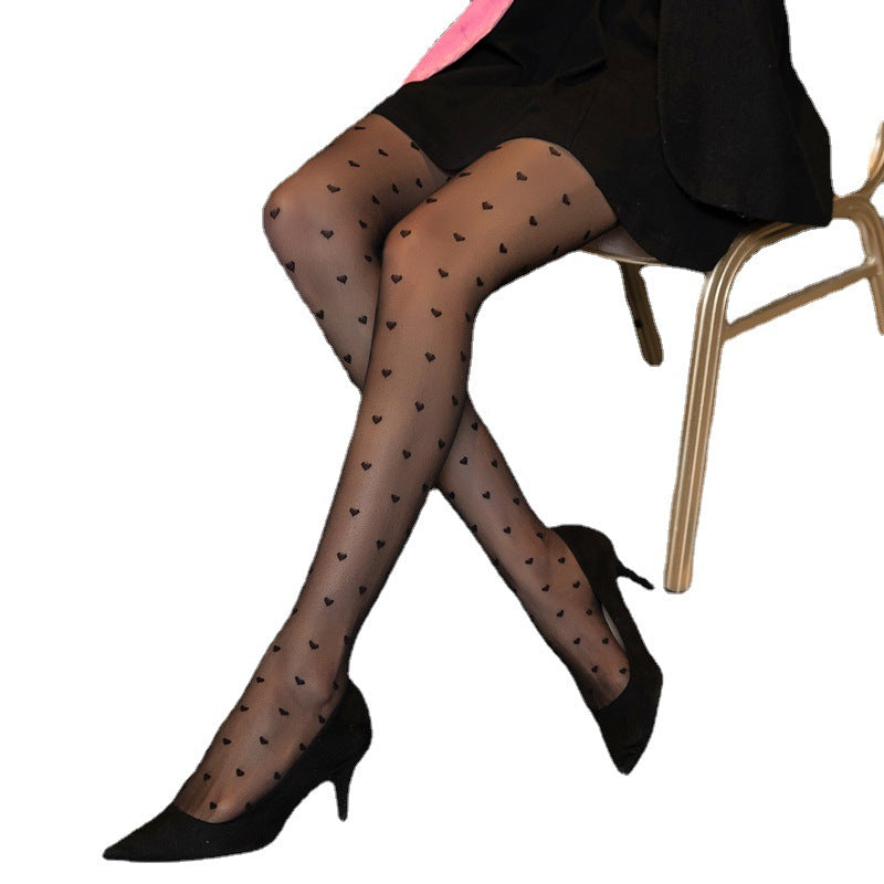 FASHION LITTLE HEART PATTERN THIN THROUGH MEAT LETTER JACQUARD SOCKS LACE SOCKS PANTYHOSE