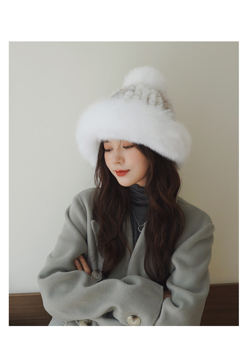 LUXURY MINK FUR HAT WITH BIG FOX POM POM