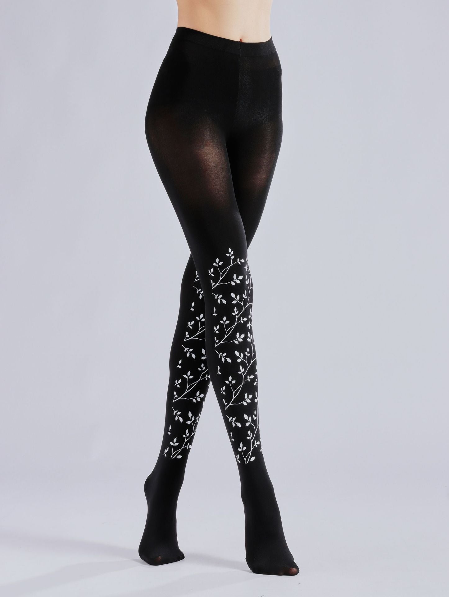 BLACK LEAF BRANCH PRINT LEGGINGS PANTYHOSE