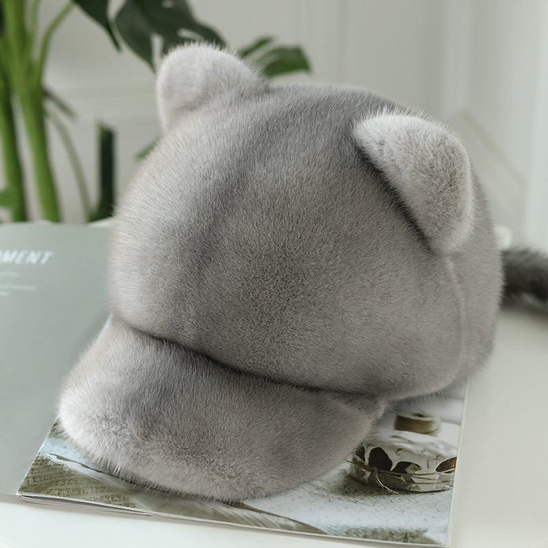 CUTE MINK FUR CAT EAR BASEBALL CAP