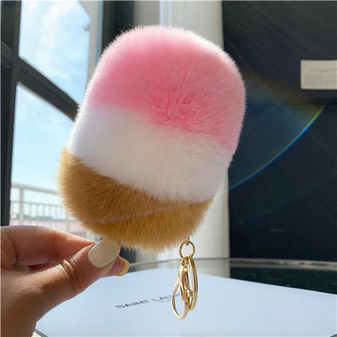 RABBIT FUR ICE CREAM BAG CHARM KEYCHAIN ACCESSORY