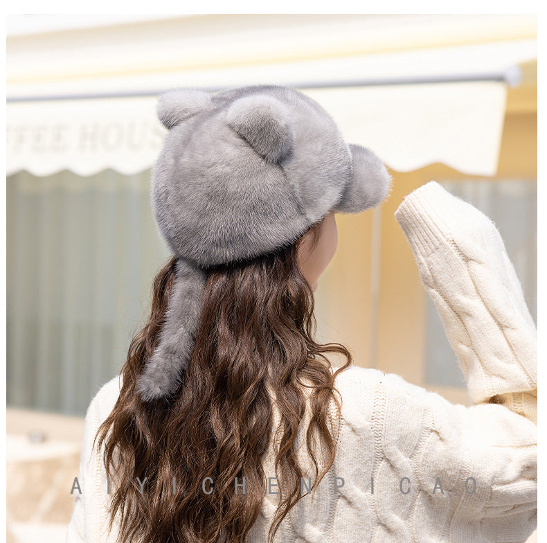 CUTE MINK FUR CAT EAR BASEBALL CAP