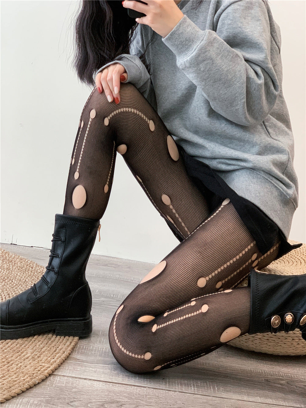 FASHION HOLLOW METEOR RIPPED MESH SOCKS JACQUARD PANTYHOSE