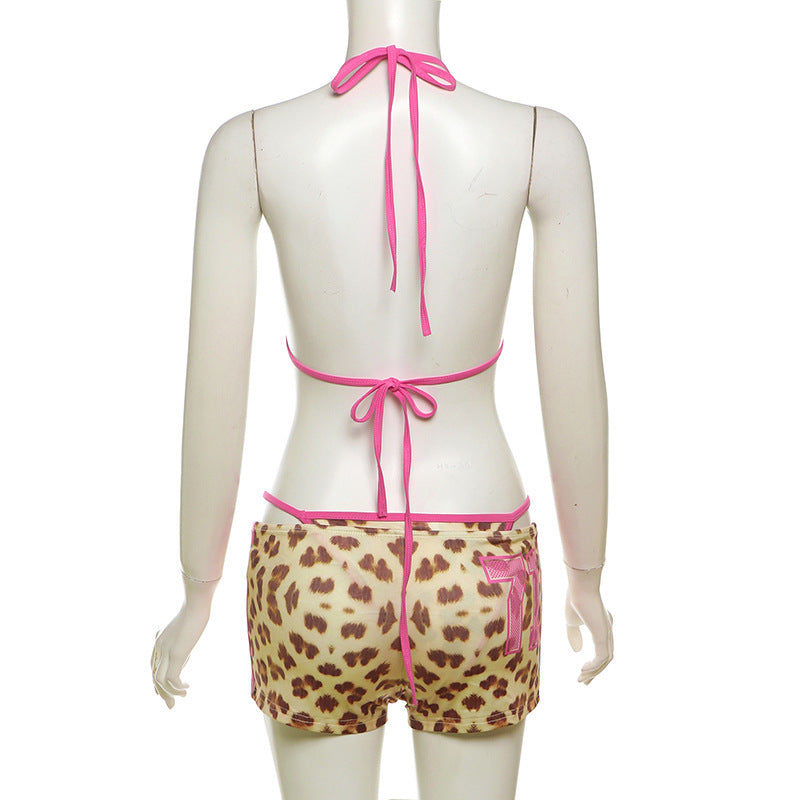 CONTRASTING SUSPENDER LEOPARD PRINT BIKINI HIGH WAIST HIP WRAP SHORTS SET
