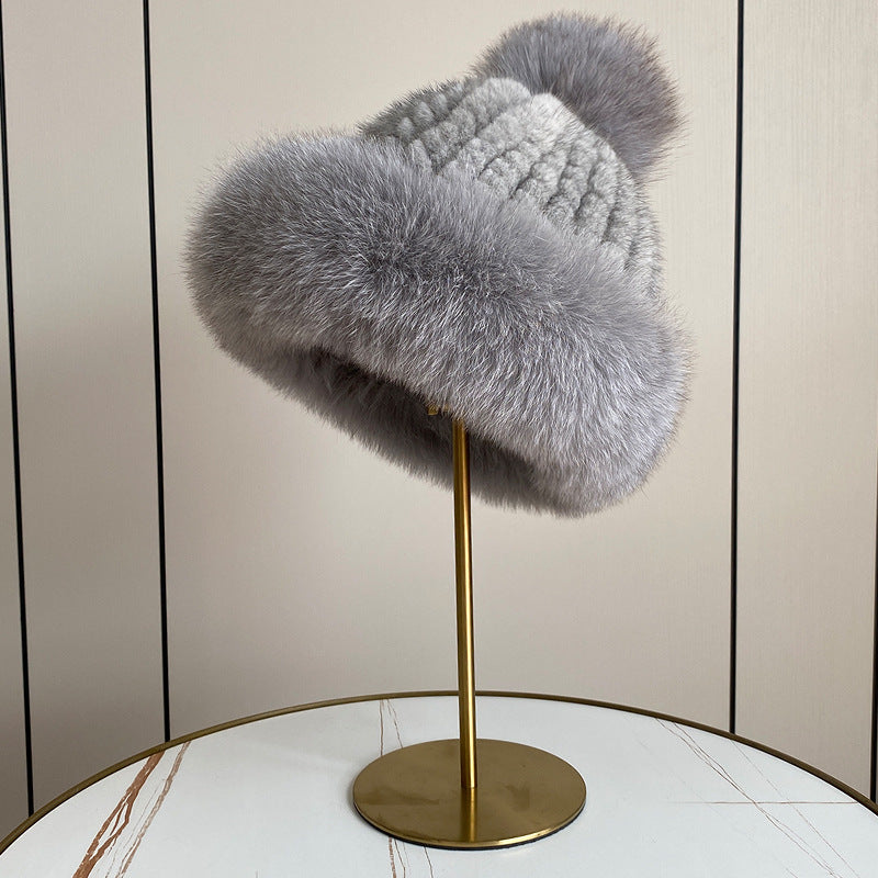 LUXURY MINK FUR HAT WITH BIG FOX POM POM