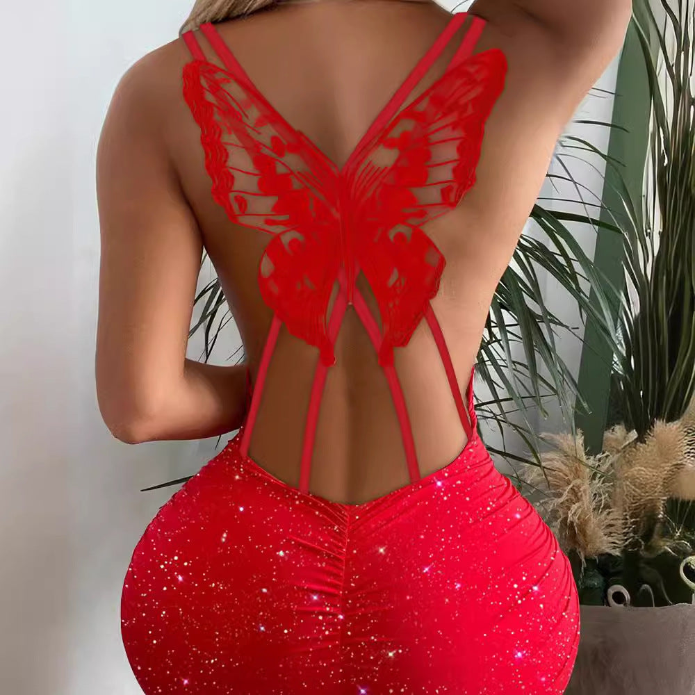 FASHION BACK BUTTERFLY HOLLOW GLITTER STRETCH DRESS