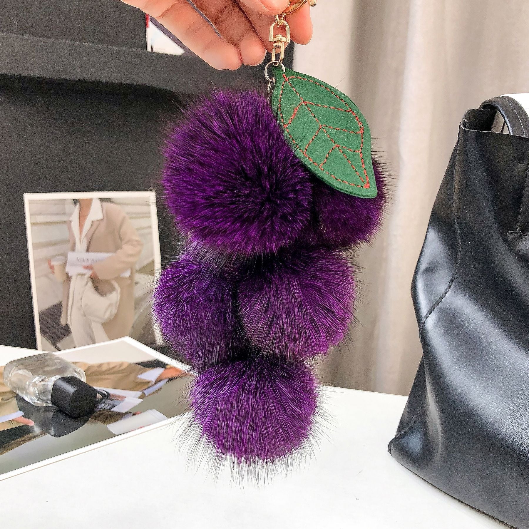 REAL FOX HAIR SMALL GRAPE KEYCHAIN BAG CHARM ACCESSORY