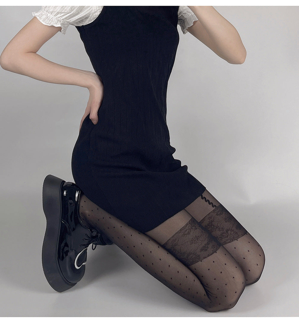 FASHION SPRING AND SUMMER ULTRA-THIN JAPANESE SWEET FAKE HIGH TUBE SUSPENDER POLKA DOT JACQUARD STOCKINGS PANTYHOSE
