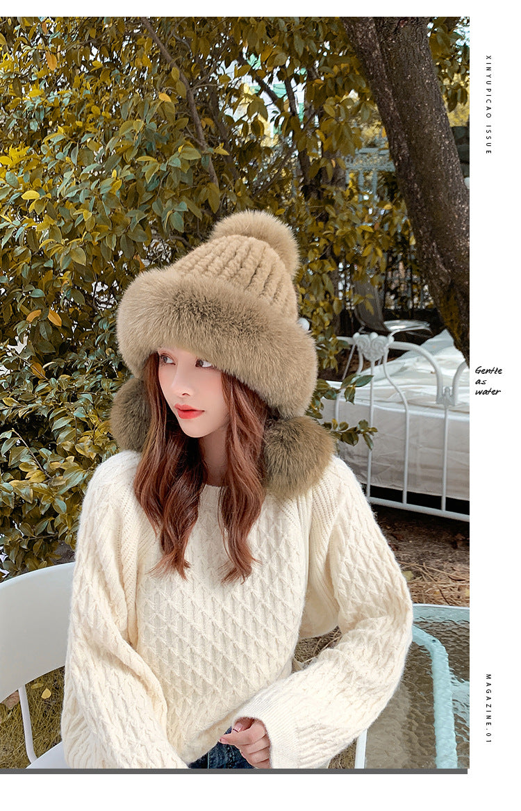 CUTE FOX FUR POM POM HAT - WOMEN'S WINTER EAR FLAP HAT