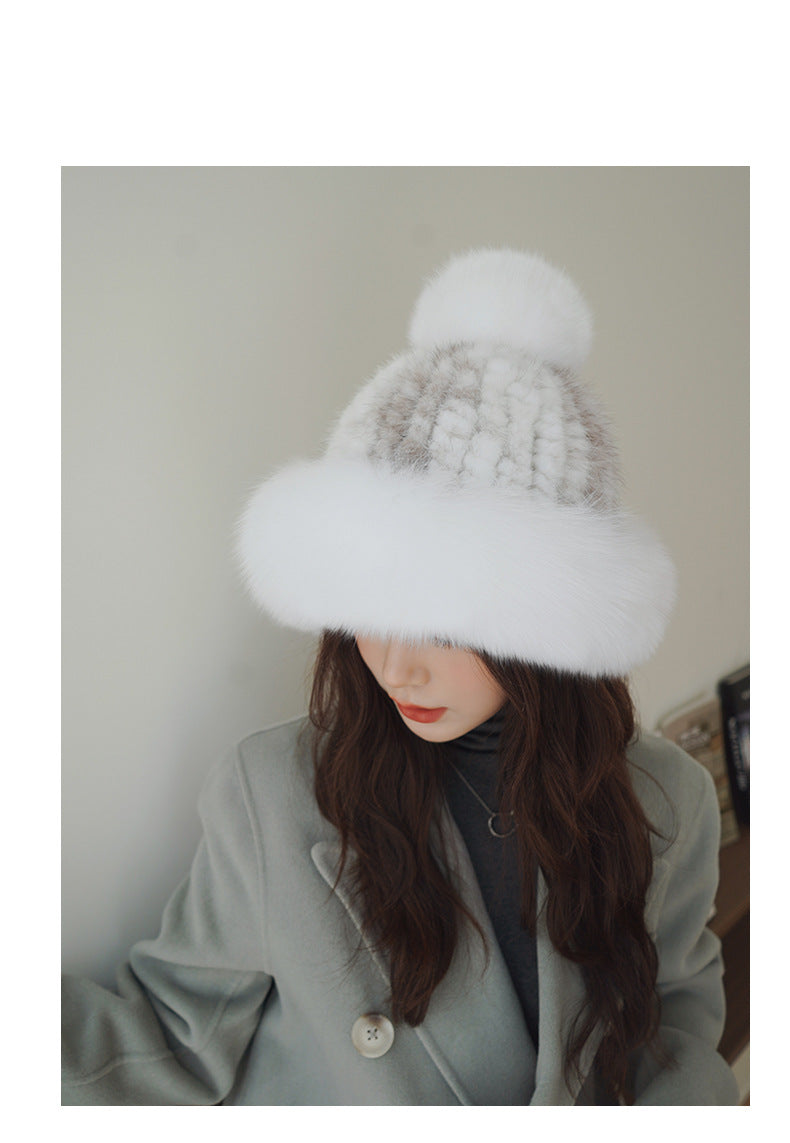 LUXURY MINK FUR HAT WITH BIG FOX POM POM