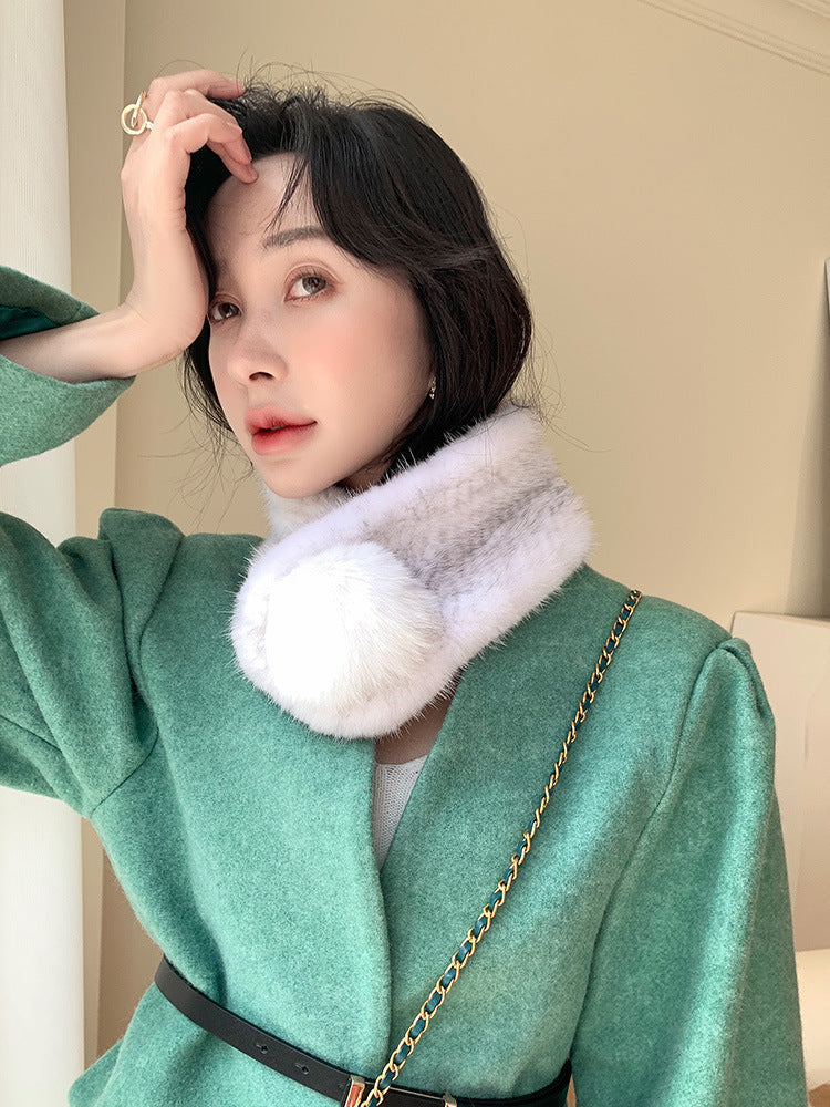 WARM MINK FUR SCARF WITH FOX POM POM - STYLISH WINTER ACCESSORY