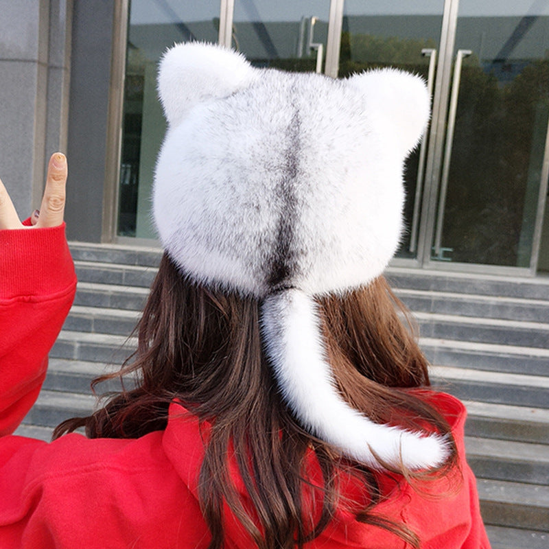 CUTE MINK FUR CAT EAR BASEBALL CAP