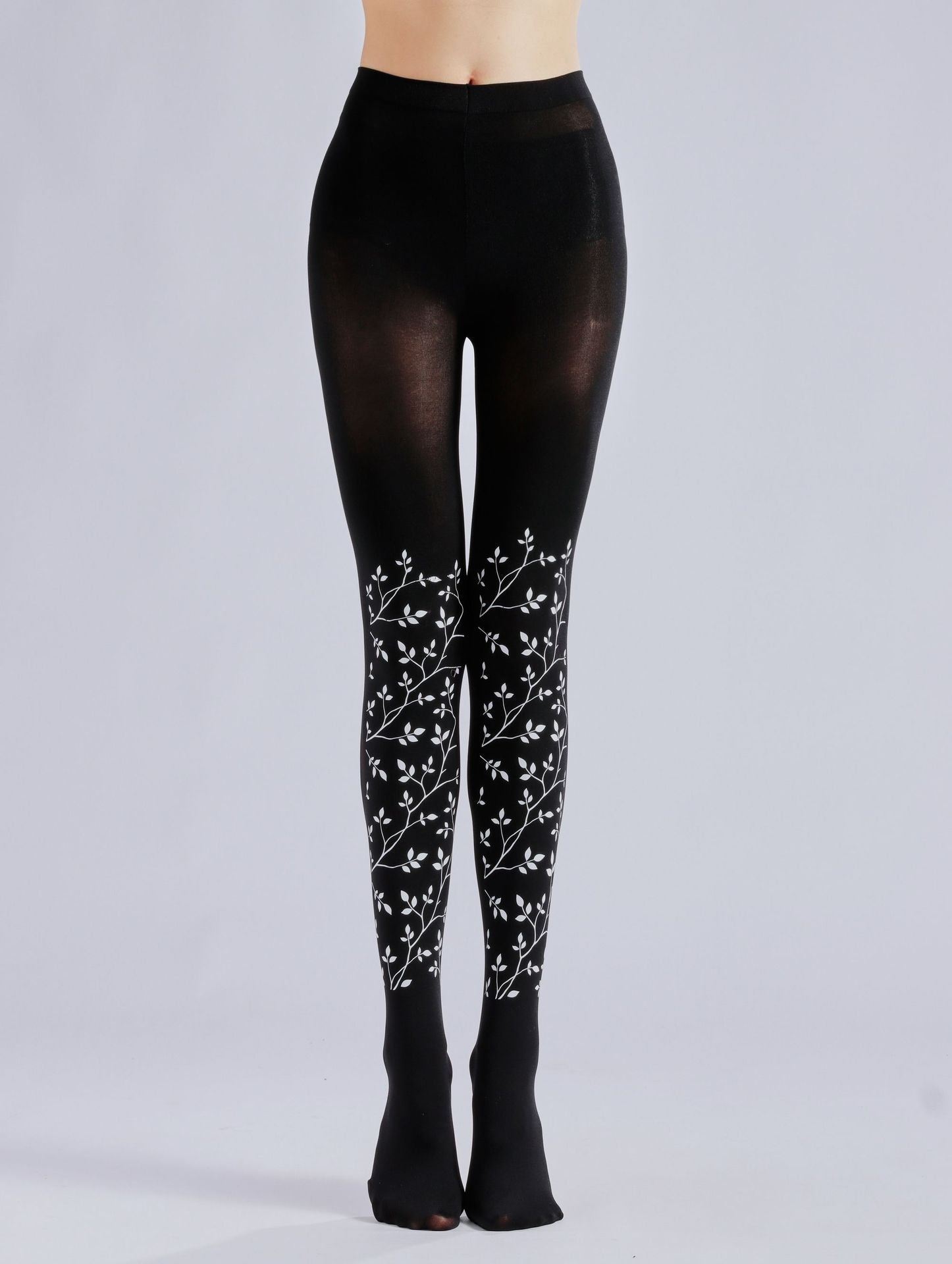 BLACK LEAF BRANCH PRINT LEGGINGS PANTYHOSE