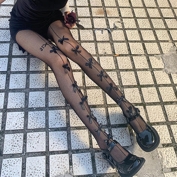 FASHION LONG BOW JK BIG GRID HOLLOWED-OUT PANTYHOSE