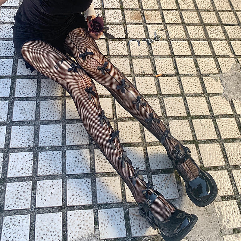 FASHION LONG BOW JK BIG GRID HOLLOWED-OUT PANTYHOSE