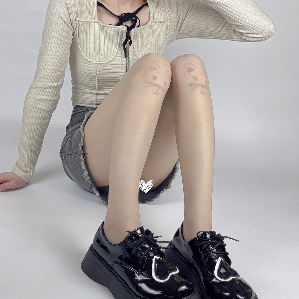 DARK WIND FLOCKING CAT ULTRA-THIN MEAT-THROUGH BLACK STOCKINGS JK GIRL PANTYHOSE