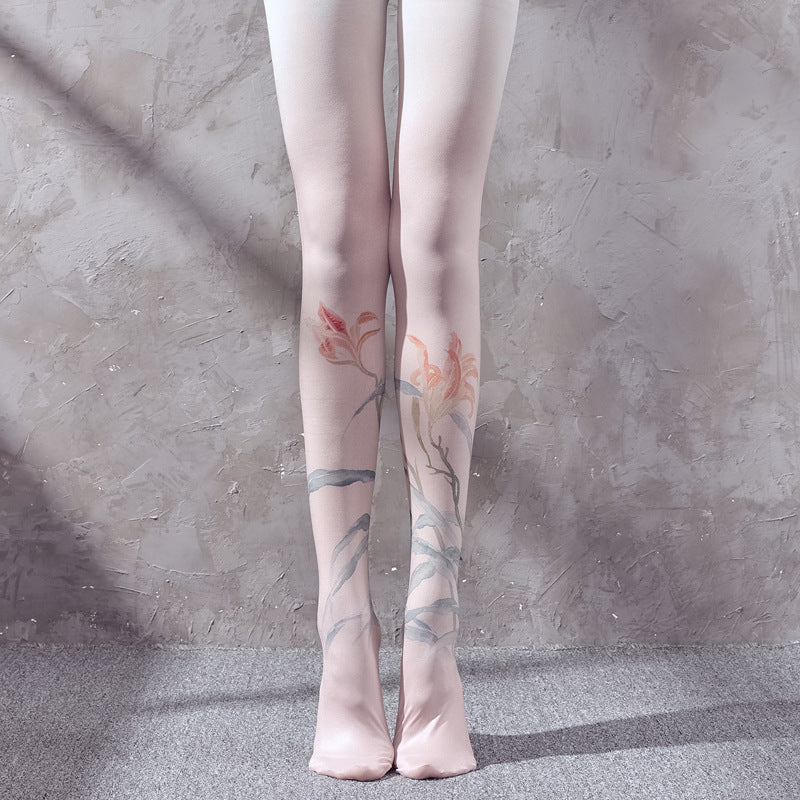 SPRING AND AUTUMN 120D RETRO ART SENSE ANCIENT PAINTING BLUEGRASS PLANT DESIGN PRINTED PANTYHOSE