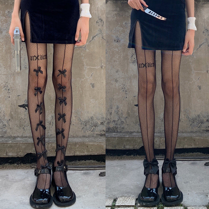 FASHION LONG BOW JK BIG GRID HOLLOWED-OUT PANTYHOSE
