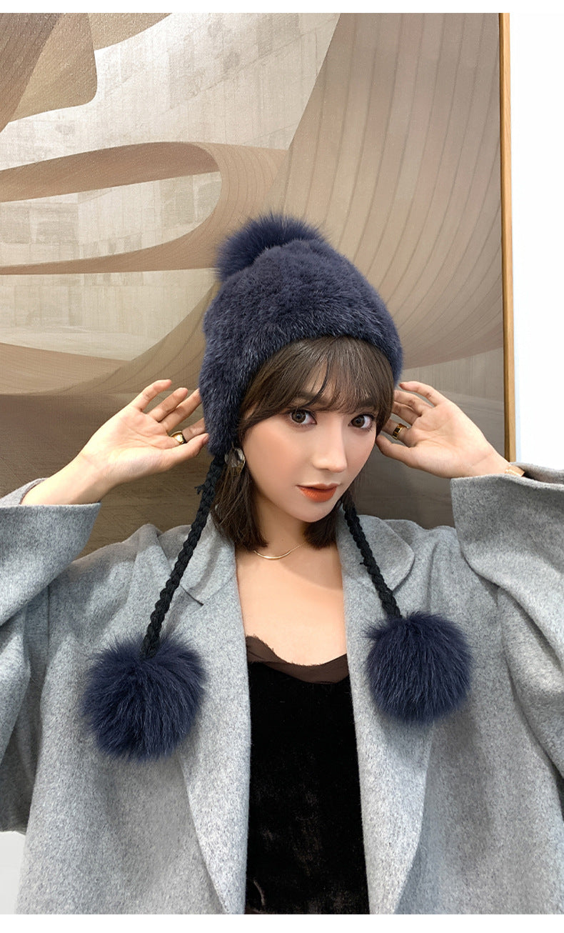 STYLISH MINK FUR HAT WITH FOX POM POM