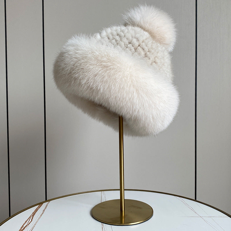 LUXURY MINK FUR HAT WITH BIG FOX POM POM