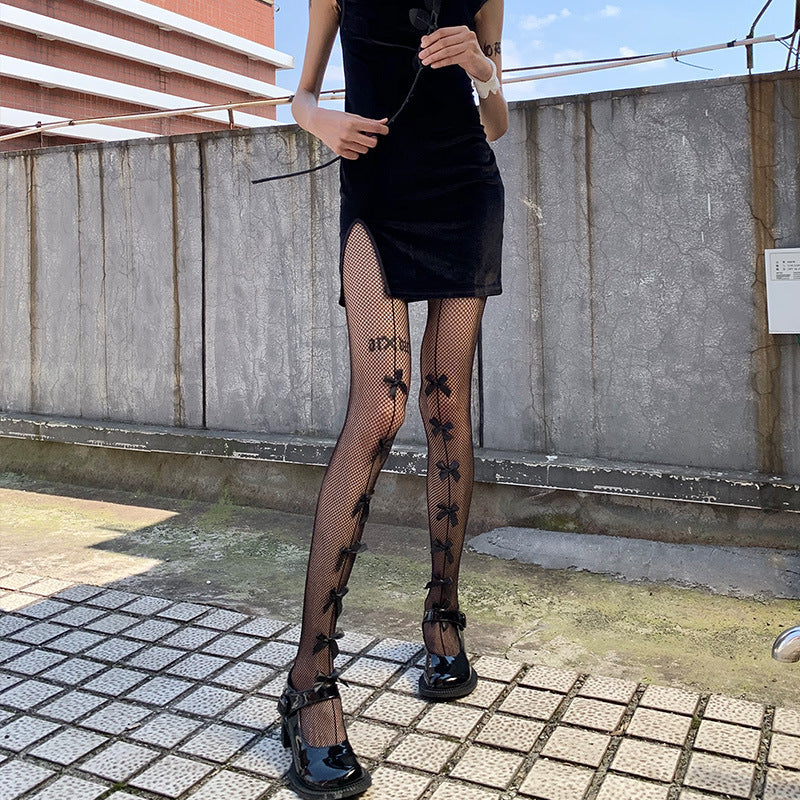 FASHION LONG BOW JK BIG GRID HOLLOWED-OUT PANTYHOSE