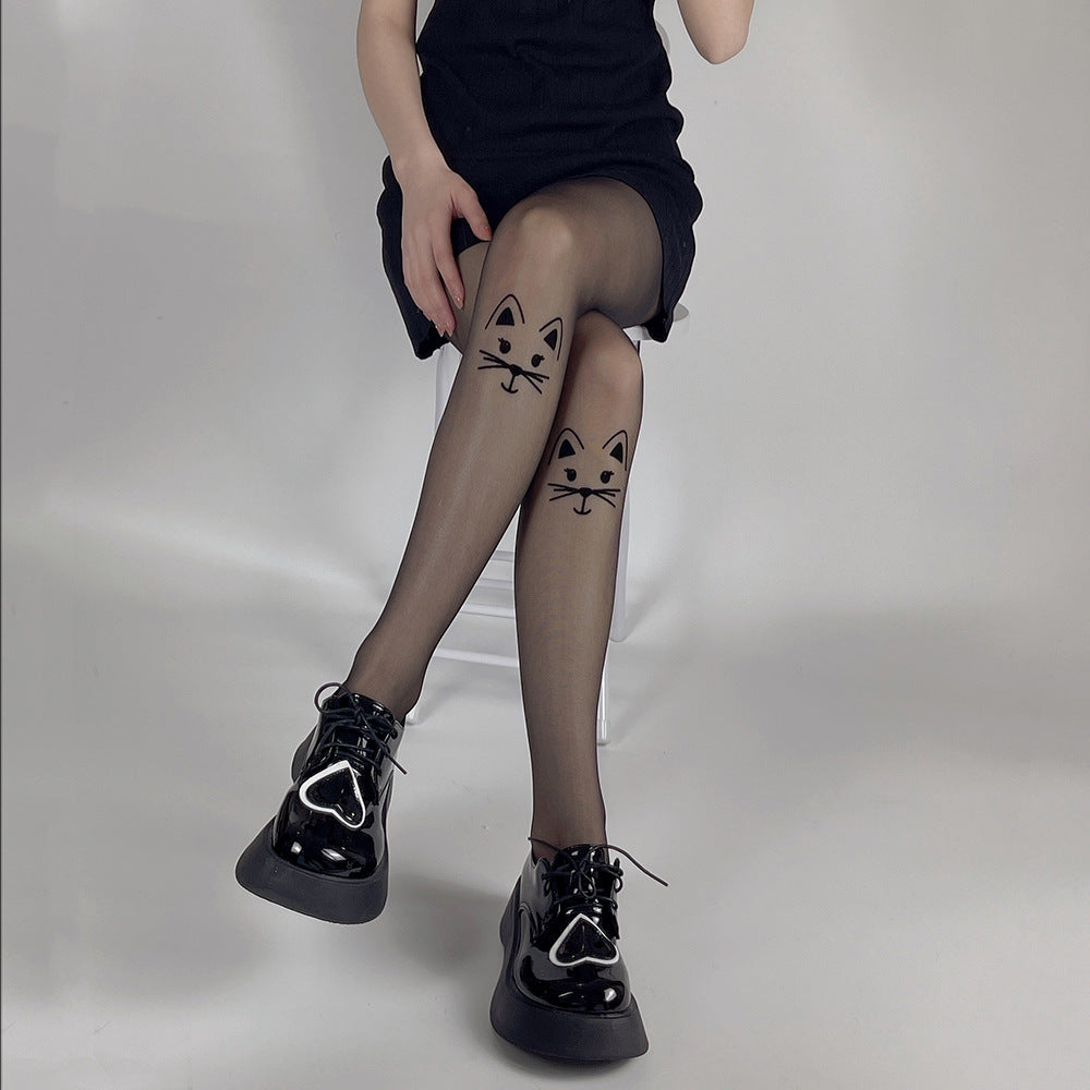 DARK WIND FLOCKING CAT ULTRA-THIN MEAT-THROUGH BLACK STOCKINGS JK GIRL PANTYHOSE
