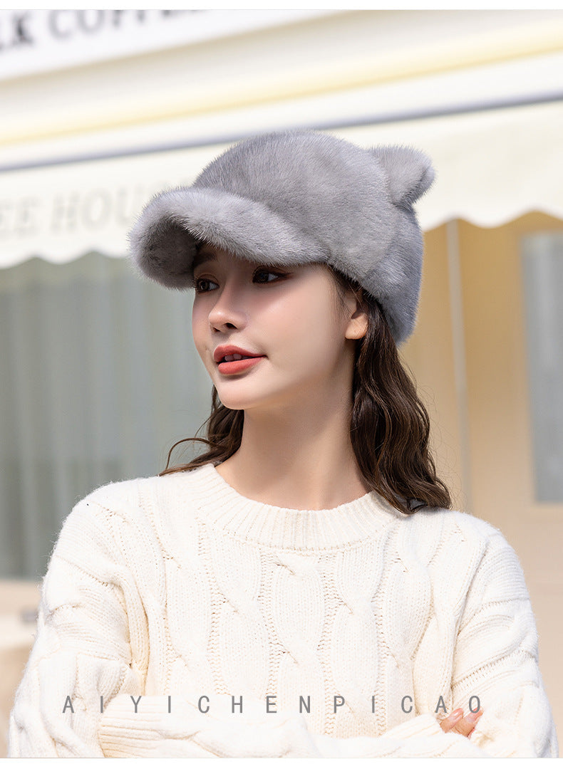 CUTE MINK FUR CAT EAR BASEBALL CAP
