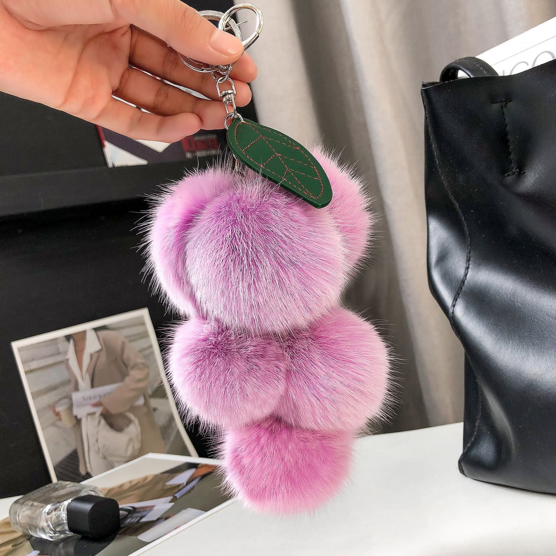 REAL FOX HAIR SMALL GRAPE KEYCHAIN BAG CHARM ACCESSORY