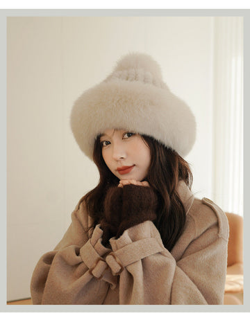 LUXURY MINK FUR HAT WITH BIG FOX POM POM