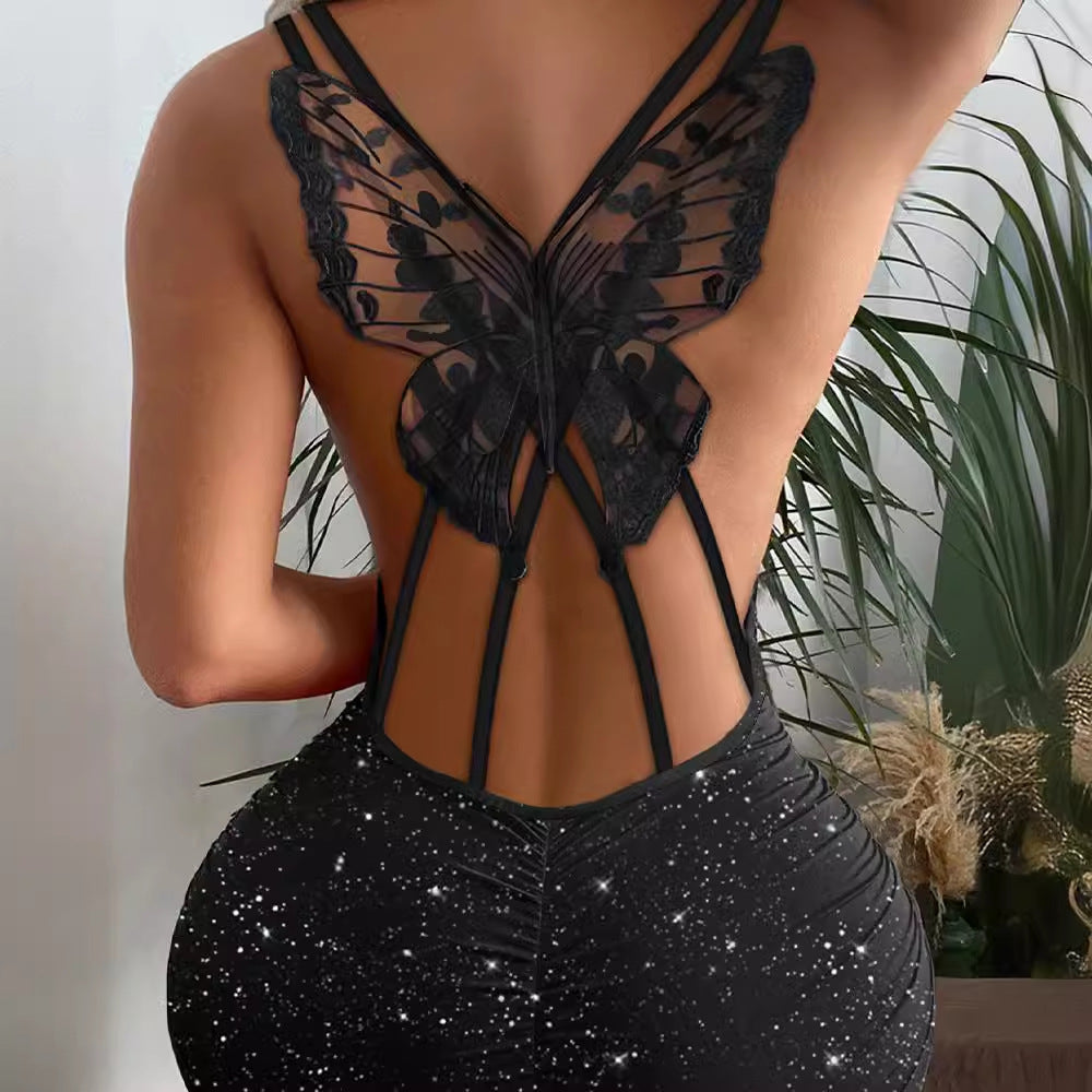 FASHION BACK BUTTERFLY HOLLOW GLITTER STRETCH DRESS
