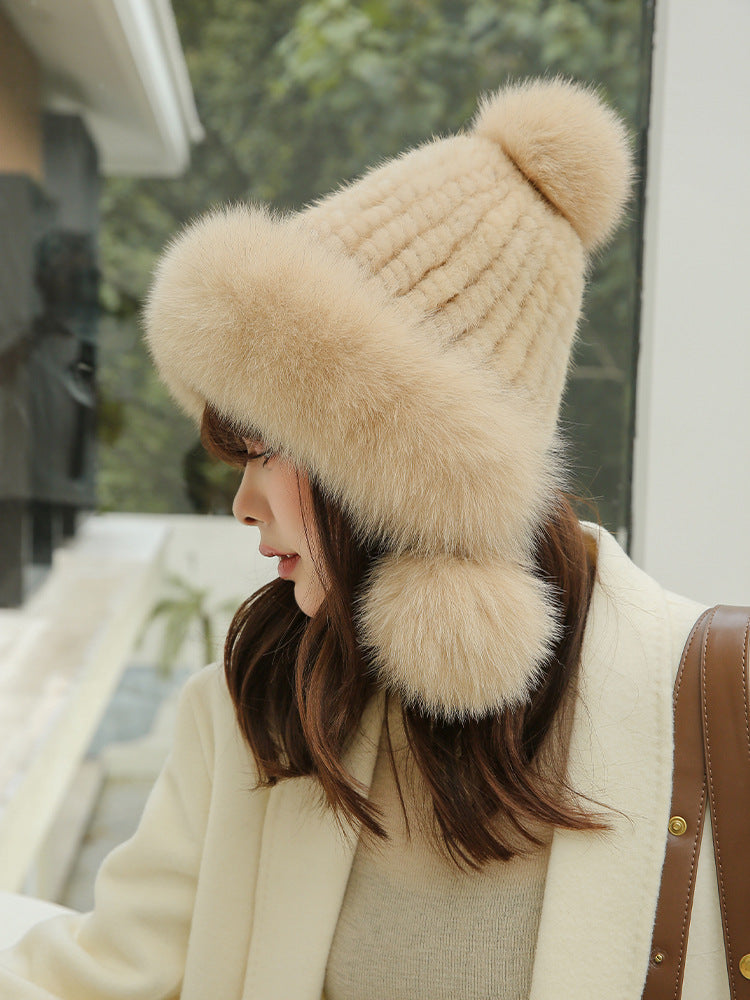 CUTE FOX FUR POM POM HAT - WOMEN'S WINTER EAR FLAP HAT
