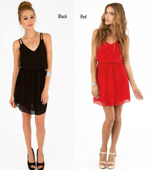 Low-Cut V Neck Strap Chiffon Mini Tank Dress - O Yours Fashion - 6