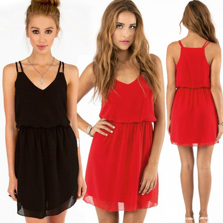 Low-Cut V Neck Strap Chiffon Mini Tank Dress - O Yours Fashion - 2