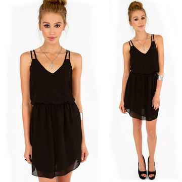 Low-Cut V Neck Strap Chiffon Mini Tank Dress - O Yours Fashion - 1