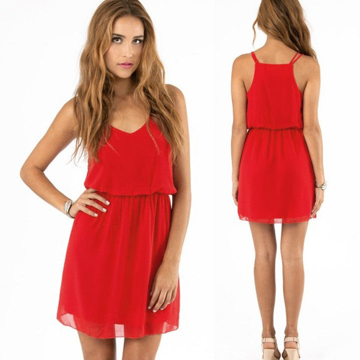 Low-Cut V Neck Strap Chiffon Mini Tank Dress - O Yours Fashion - 4