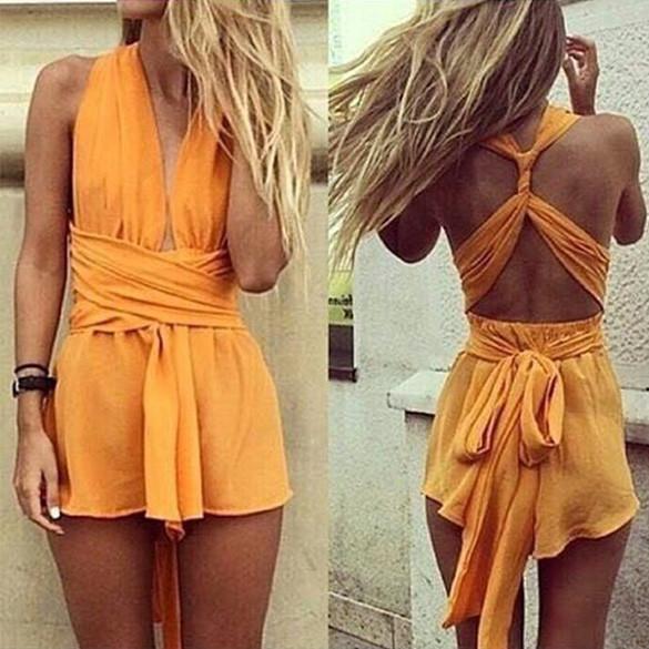 Casual Back Cross Strap V Neck Backless Chiffon Jumpsuit
