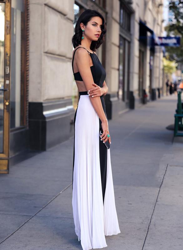 Backless Hollow Out Patchwork Maxi Chiffon Long Dress