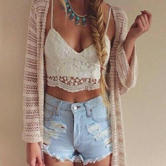 Sexy V-neck Strap Floral Hollow Out Lace Slim Crop Top