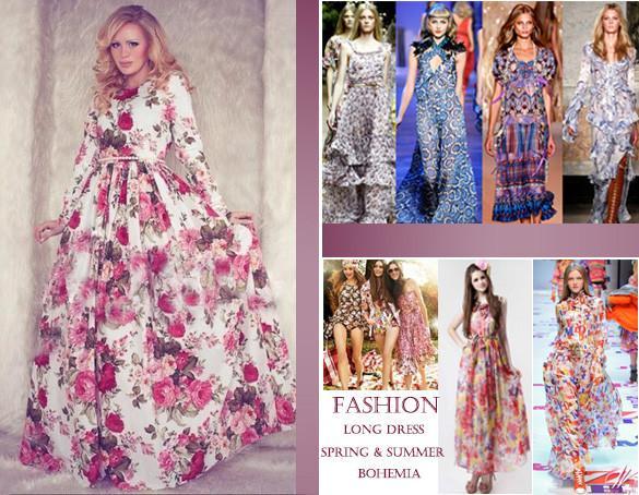 Women Casual Floral Printed Long Sleeve Long Dress