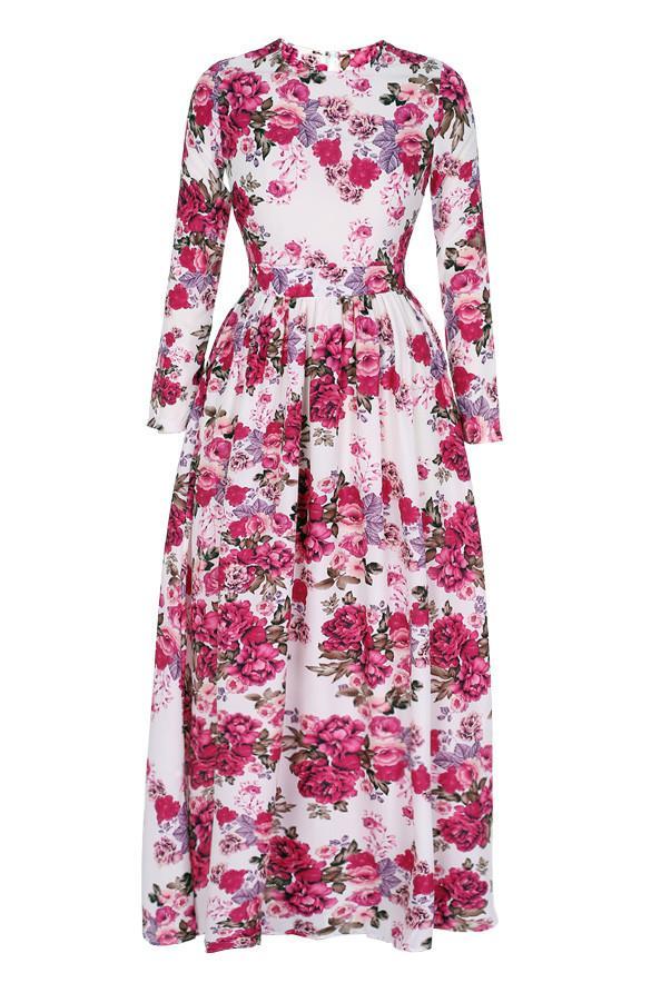 Women Casual Floral Printed Long Sleeve Long Dress