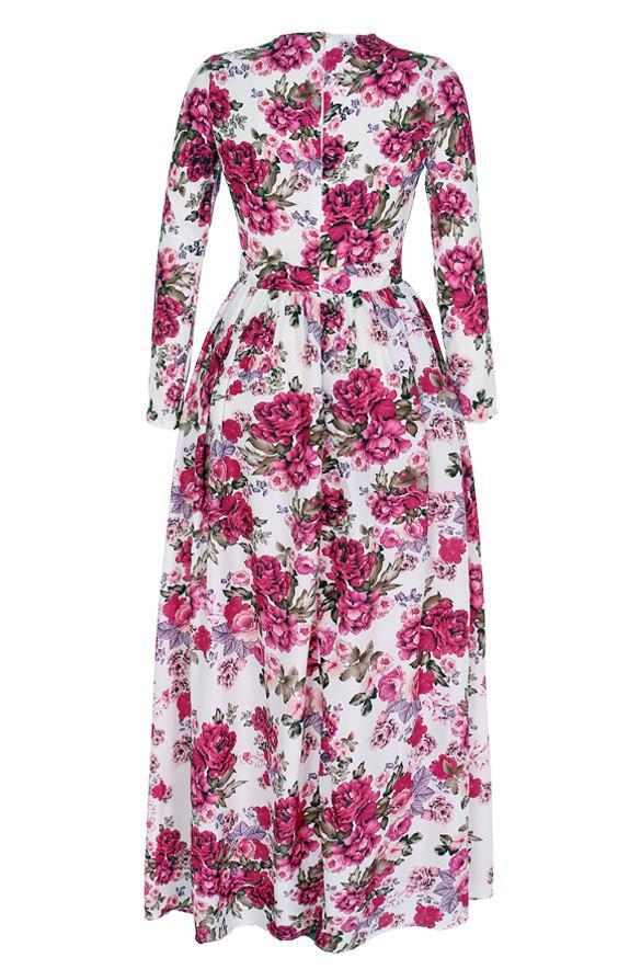Women Casual Floral Printed Long Sleeve Long Dress