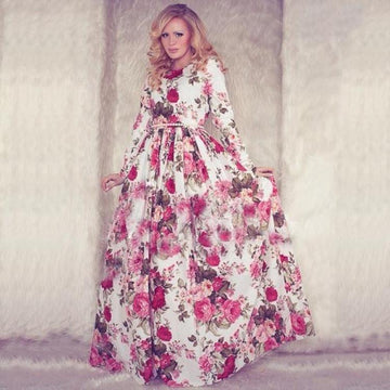 Women Casual Floral Printed Long Sleeve Long Dress