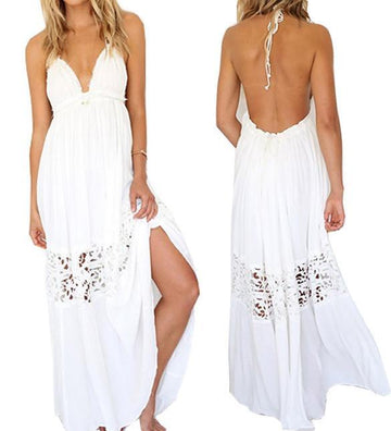 V-NECK BACKLESS CROCHET MAXI BEACH DRESS