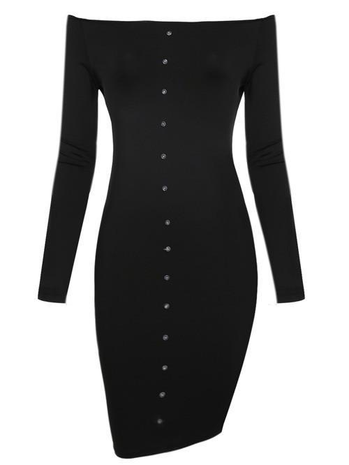 Off Shoulder Long Sleeve Button Bodycon Knee-length Dress