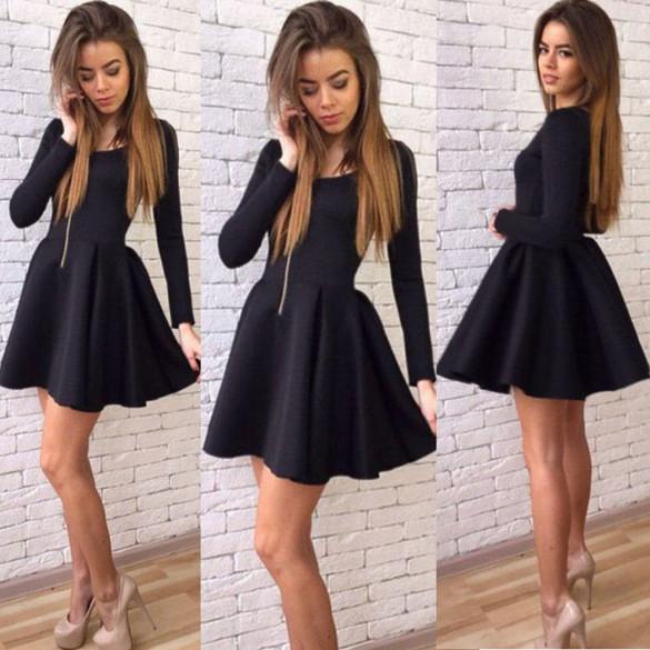 Long Sleeves Zipper High Waist Pleated Little Black Dress