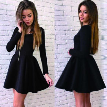 Long Sleeves Zipper High Waist Pleated Little Black Dress