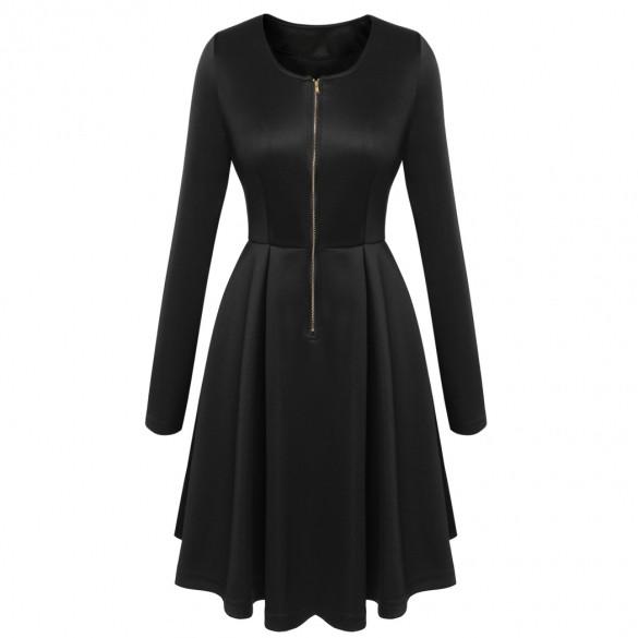 Long Sleeves Zipper High Waist Pleated Little Black Dress