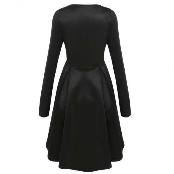 Long Sleeves Zipper High Waist Pleated Little Black Dress